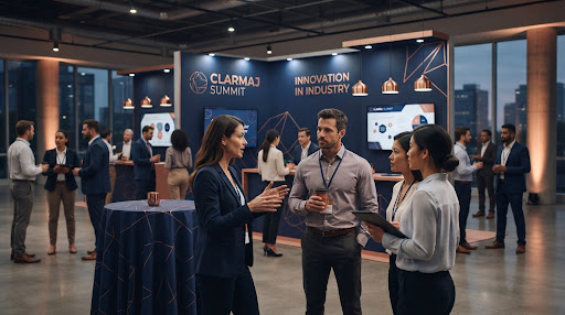 Stand numa feira industrial com visitantes em conversa junto aos expositores