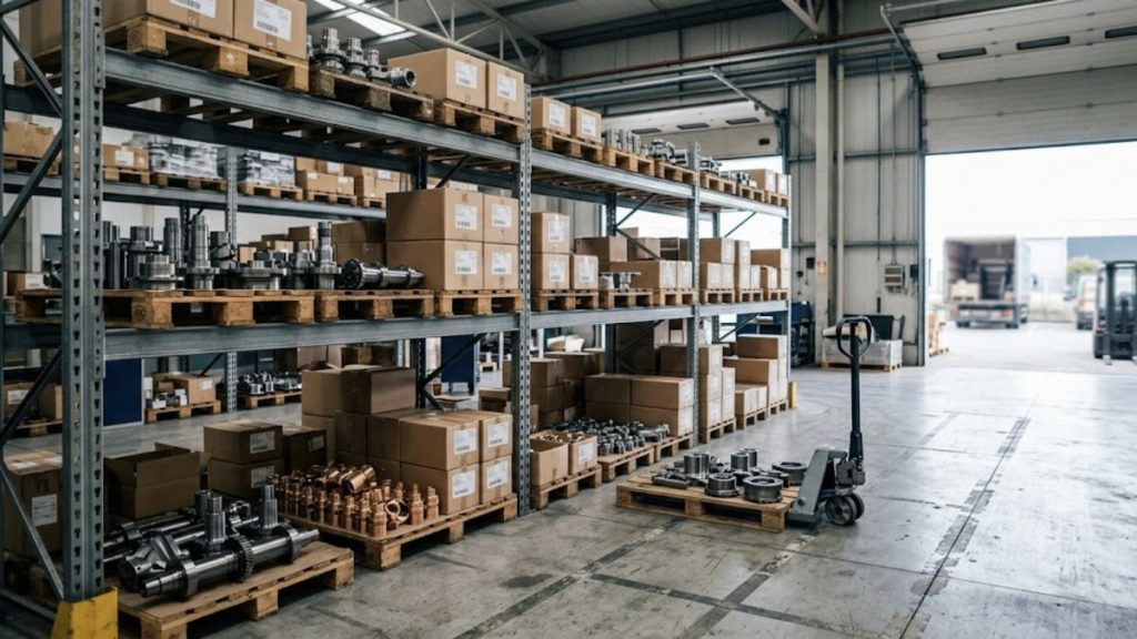 Zona de expedição de uma metalomecânica com estantes de peças maquinadas em aço e latão embaladas e prontas a sair