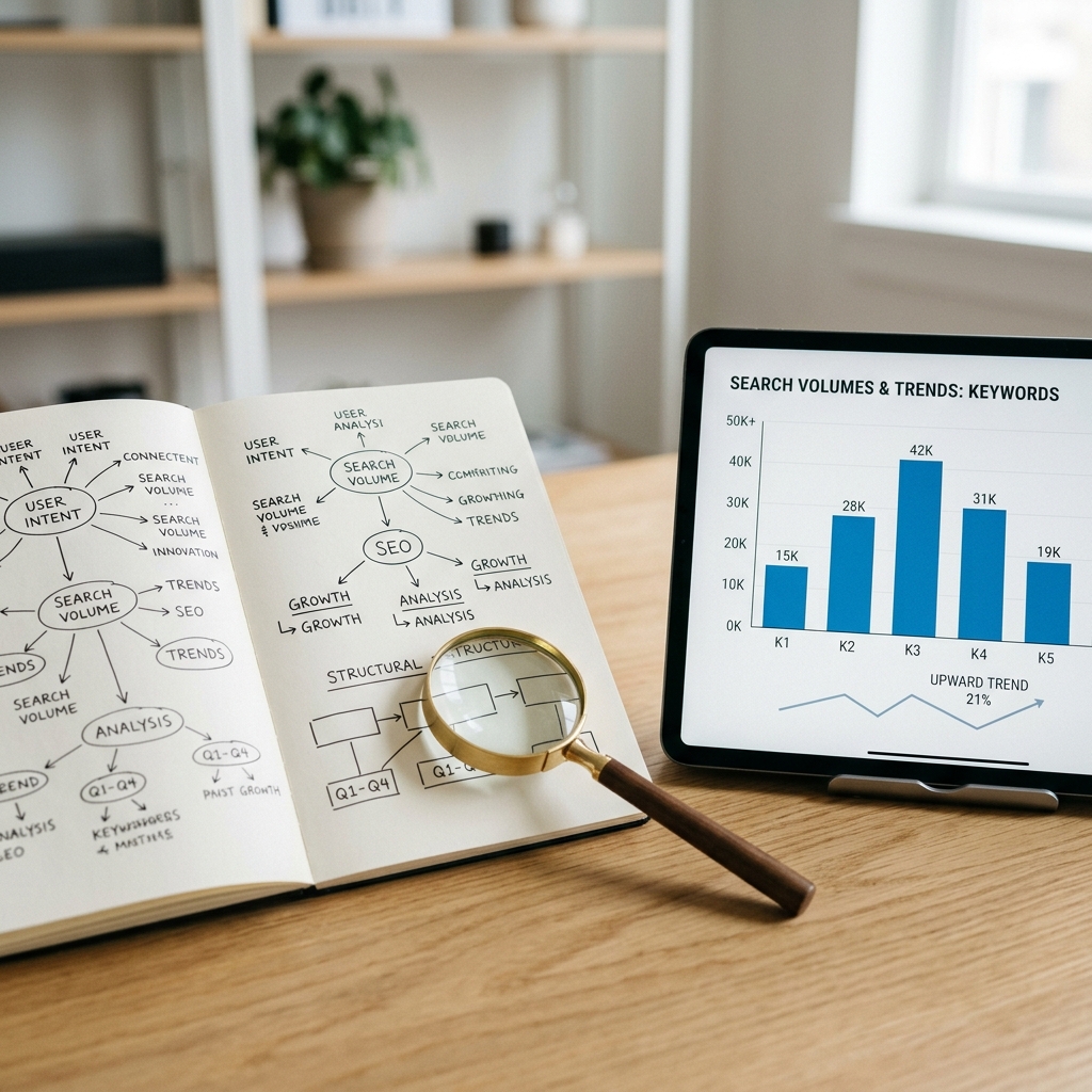 Etapa de diagnóstico: caderno de notas, lupa e tablet com gráfico de barras sobre uma mesa