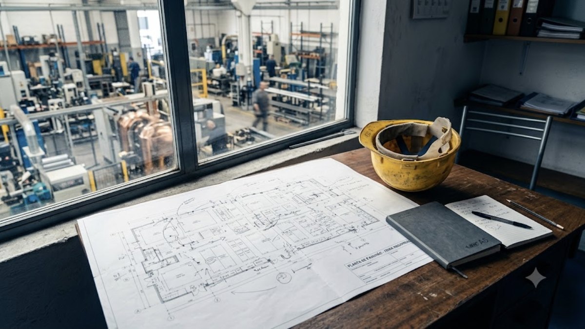 Planta de pavilhão de feira aberta numa secretária de gabinete de fábrica, com capacete e caderno ao lado