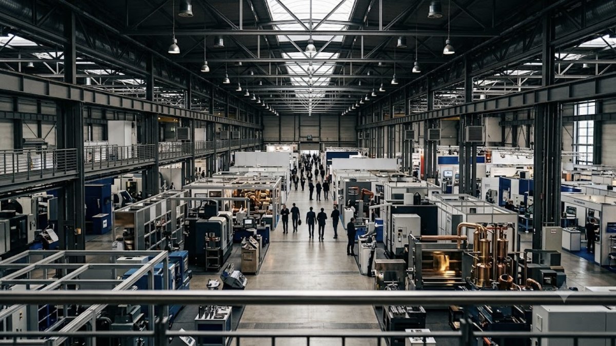 Pavilhão de feira industrial visto de um ponto elevado, com corredor central e stands de máquinas de ambos os lados