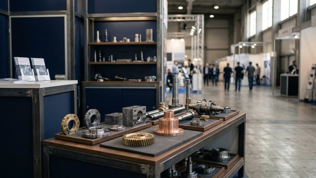 Stand de uma empresa de metalomecânica numa feira industrial, com peças maquinadas em aço e latão expostas numa bancada