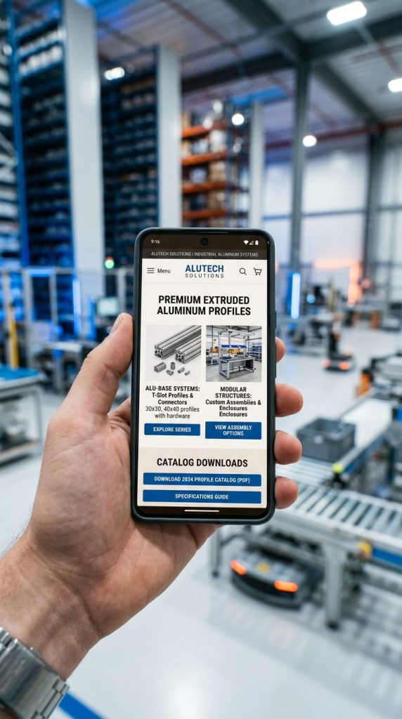 Website industrial visto no telemóvel, com o chão de fábrica em segundo plano