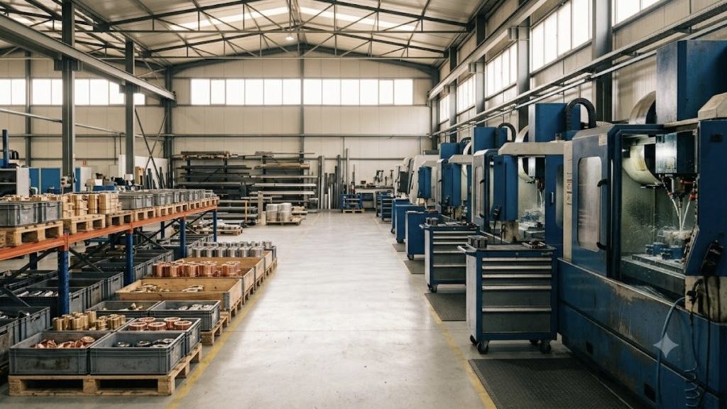 Chão de fábrica de uma metalomecânica com fila de centros de maquinação CNC e paletes de peças acabadas