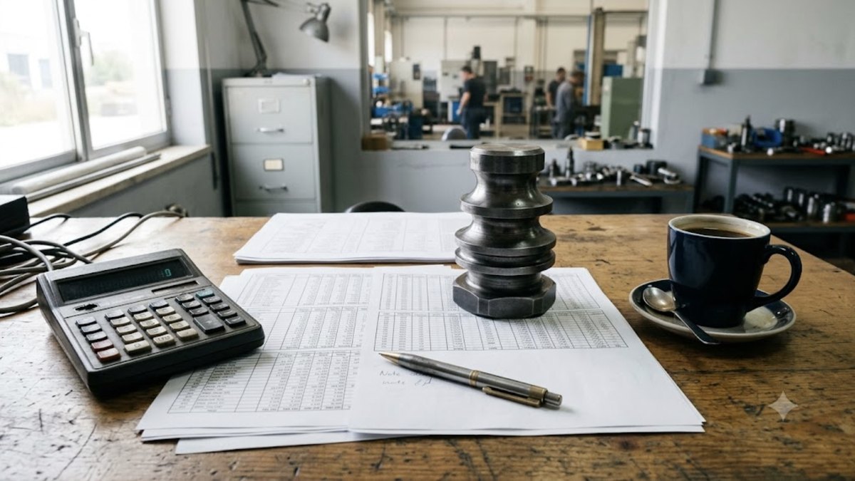 Secretária de gabinete de fábrica com folhas de números, calculadora e uma peça maquinada em aço a servir de pisa-papéis