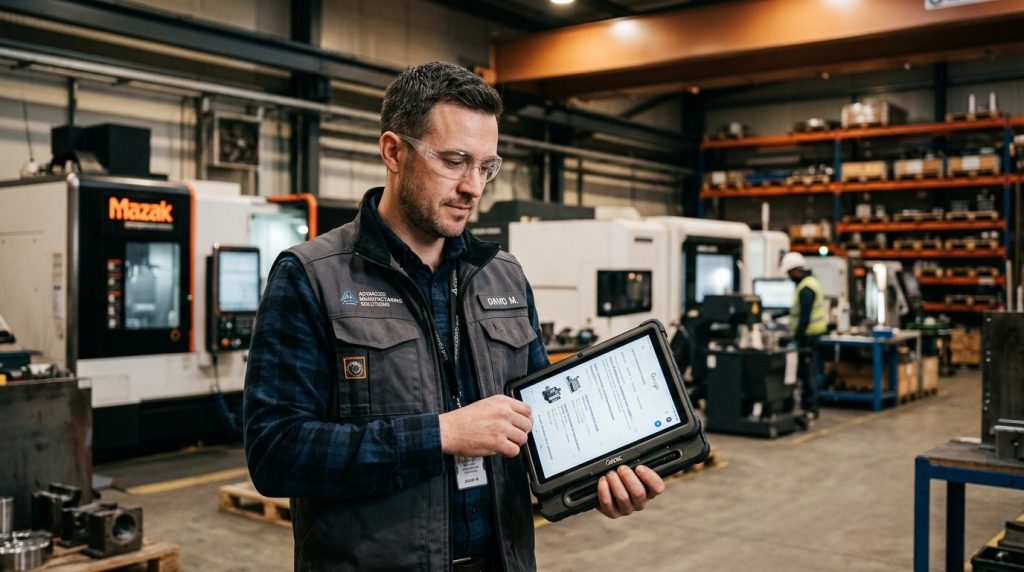 Responsável de produção com tablet junto a centros de maquinação CNC numa fábrica metalomecânica
