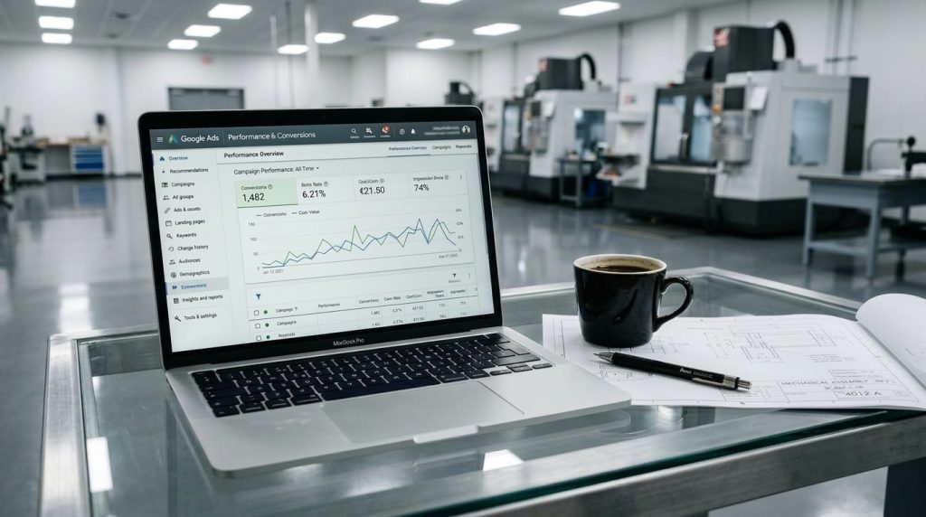 Portátil com o painel de conversões do Google Ads numa mesa com desenhos técnicos, com máquinas CNC ao fundo