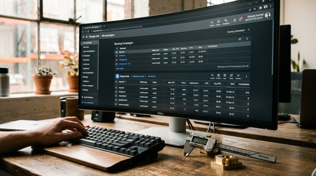 Lista de palavras-chave de uma campanha Google Ads num monitor, com paquímetro e peça maquinada na secretária