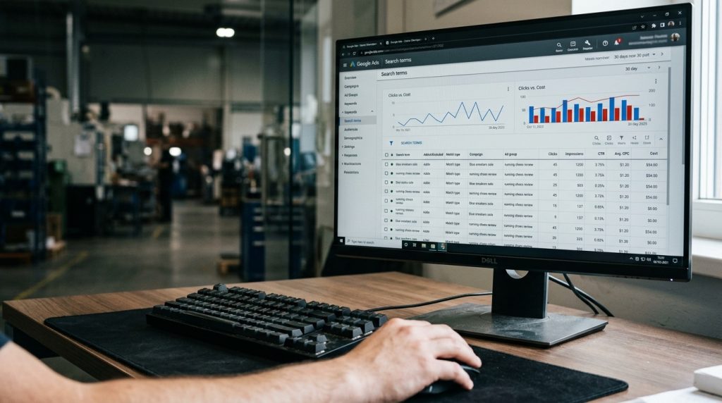 Relatório de termos de pesquisa do Google Ads num monitor dentro de uma unidade industrial