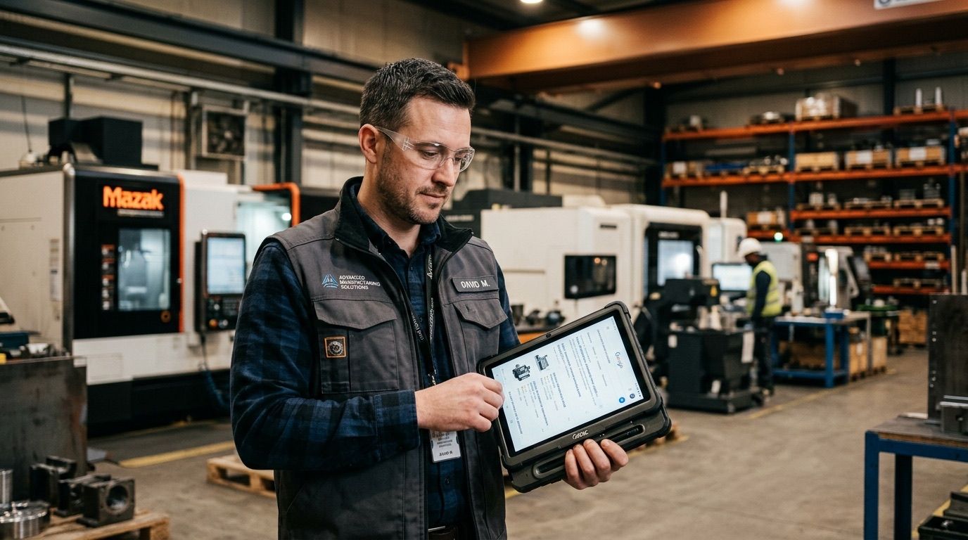 Responsável de produção com tablet junto a centros de maquinação CNC numa fábrica metalomecânica