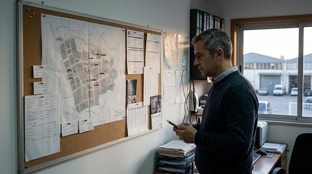 Diretor comercial de uma PME industrial em frente ao mapa da zona industrial com as empresas-alvo marcadas