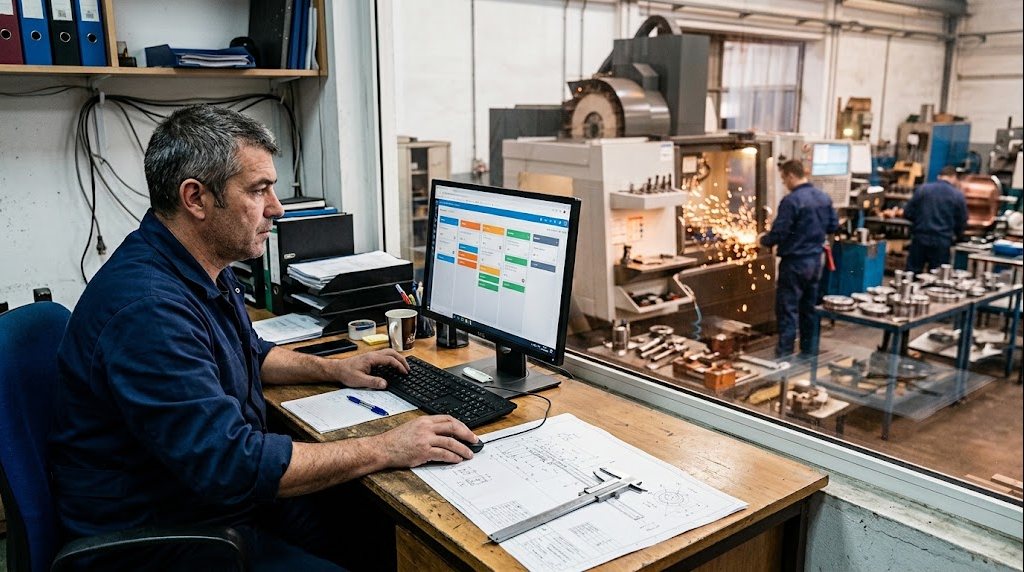 Responsável comercial de uma metalomecânica a acompanhar o pipeline de propostas no CRM, com desenho técnico e paquímetro na secretária