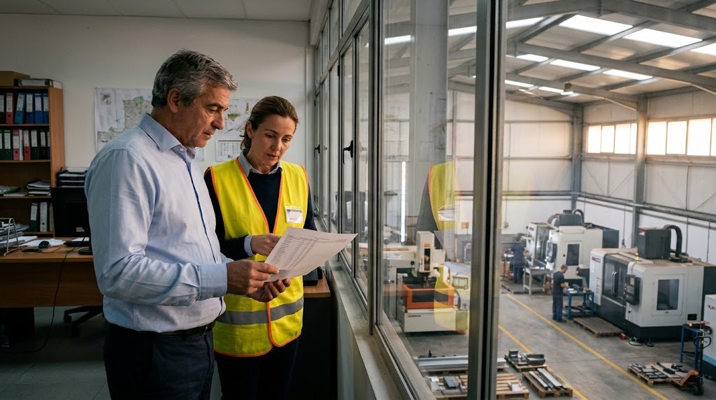 Dono e diretora de produção de uma metalomecânica a rever a faturação, com vista para as máquinas CNC e de erosão a fio