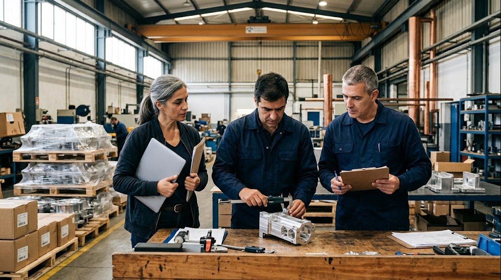 Engenheiro, compradora e técnico de qualidade a inspecionar uma peça maquinada em alumínio numa bancada de expedição