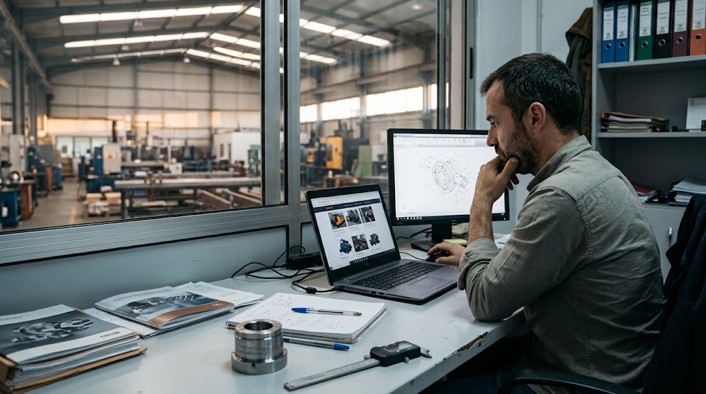 Engenheiro de compras a pesquisar fornecedores no portátil, com o desenho técnico da peça no monitor