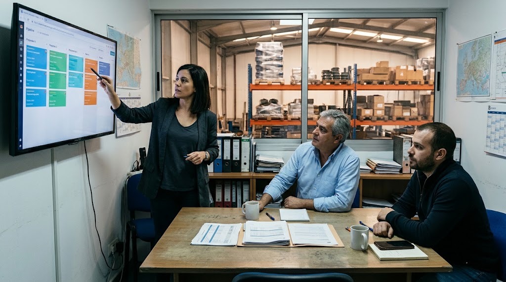 Reunião semanal numa fábrica a rever no CRM o pipeline de pedidos de orçamento