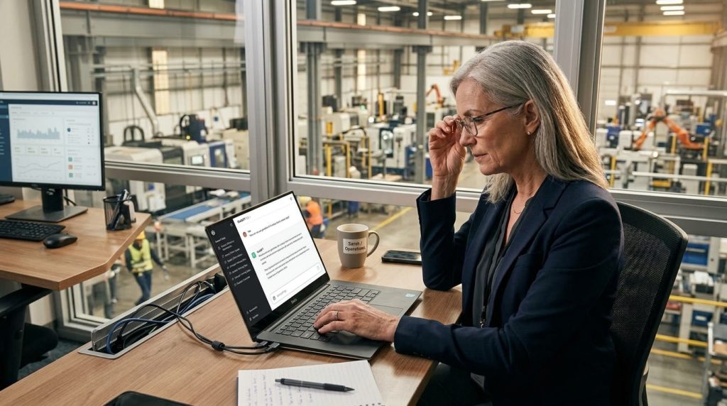 Gestora industrial a pesquisar fornecedores no ChatGPT, com vista para a fábrica